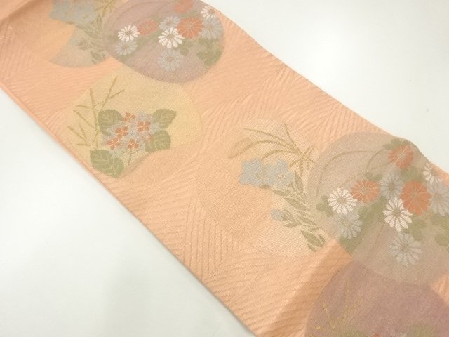 JAPANESE KIMONO / ANTIQUE SUMMER FUKURO OBI / SILK / WOVEN WAVE & FLOWER